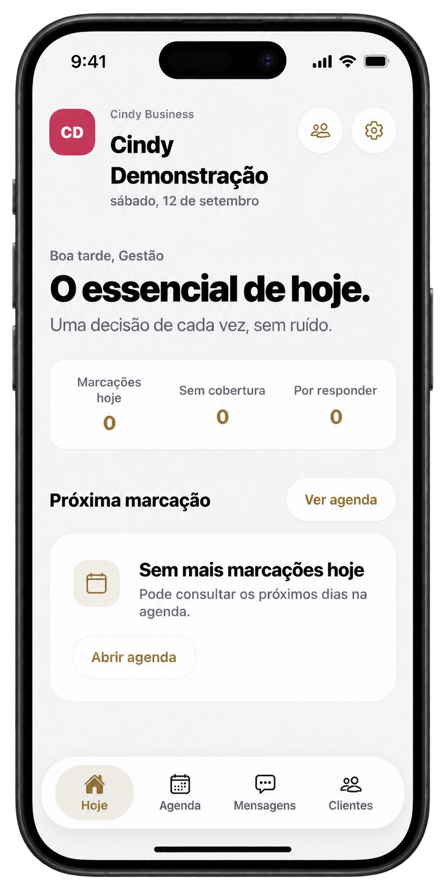 Ilustração da Cindy Business, com o resumo do dia e a agenda da clínica